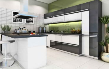 Modular-Kitchen-Design-for-Small-Space-Kitchen-Ideas-with-White-and-Grey-Kitchen-Cabinet-feat-Island-also-White-and-Glass-Tile-Backsplash-as-well-as-White-Bar-Stools