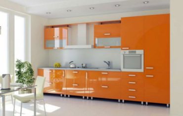 elegant-straight-shape-modern-kitchen-orange-color-gloss-kitchen-cabinets-wall-mounted-kitchen-cabinets-with-frosted-door-stainless-steel-handles-white-granite-countertops-built-in-oven-bui